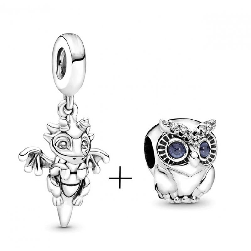 Pandora Style Captivating Dragon and Owl Silver Two Piece Charm Set For  Women